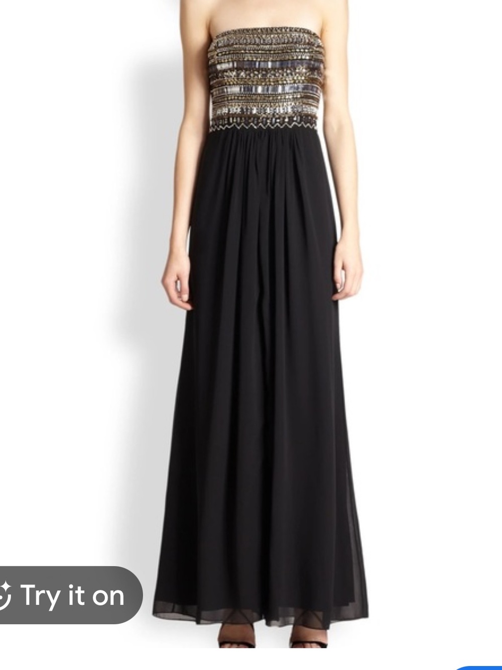 Aidan Mattox Black Maxi Skirt with Gold Beaded Strapless Bodice